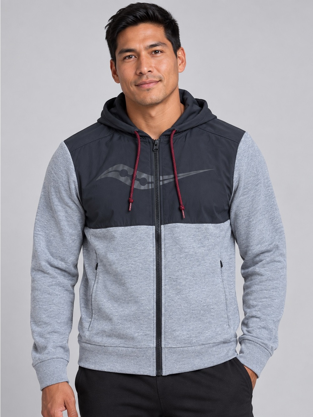 Saucony Cooldown Full Zip Hoodie Men’s Medium Grey Black Colourblock